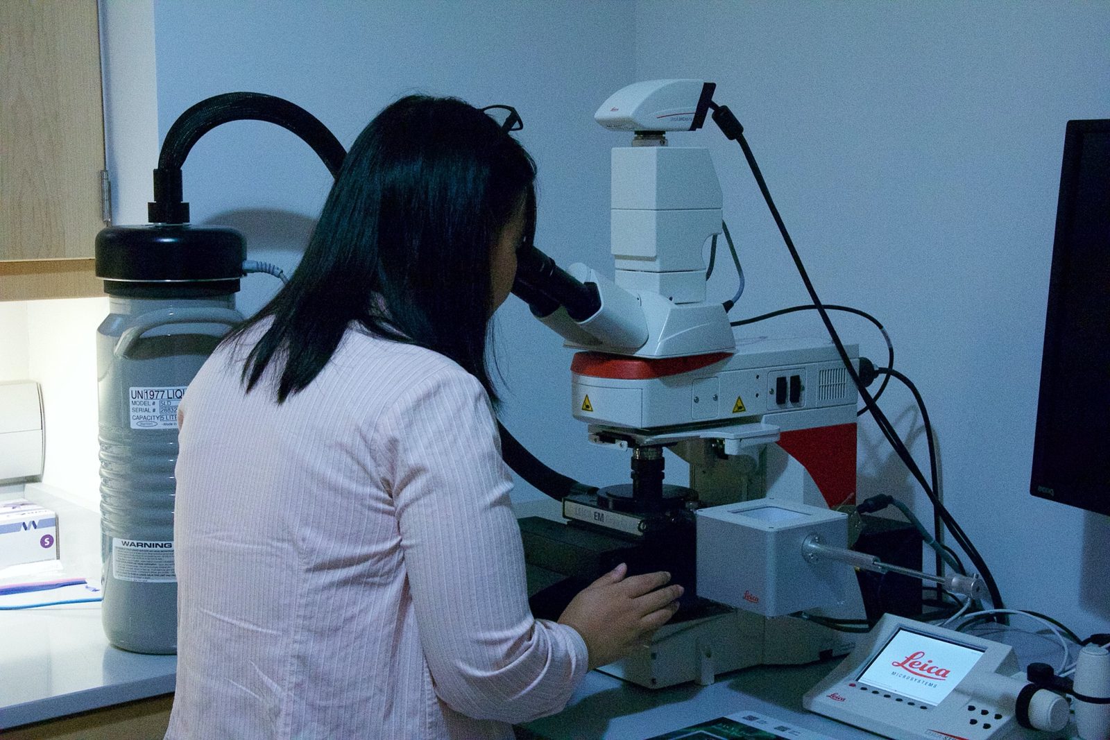Researcher using the Leica cryo-CLEM widefield fluorescence microscope